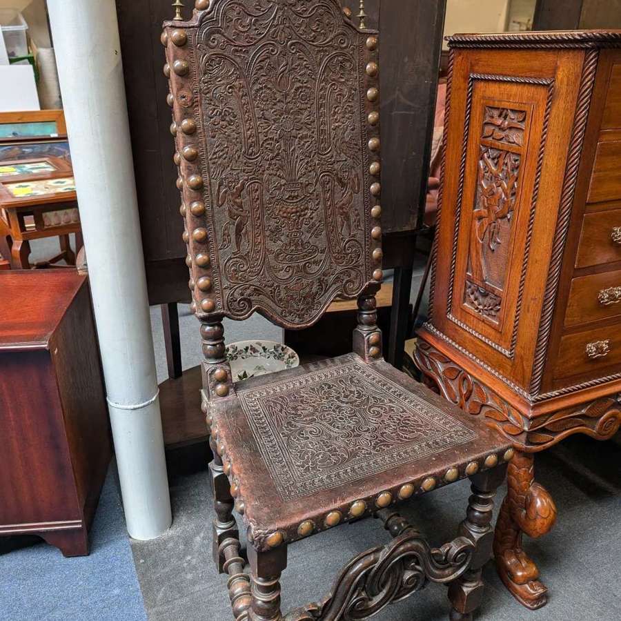 19th Century Spanish brass-studded throne chair with embossed leather