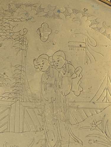 Chinese late 19th-century brass opium tray with engraved court scene