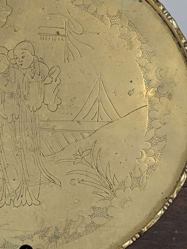 Chinese late 19th-century brass opium tray with engraved court scene