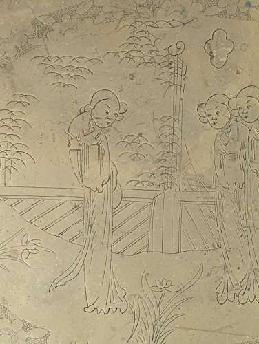 Chinese late 19th-century brass opium tray with engraved court scene
