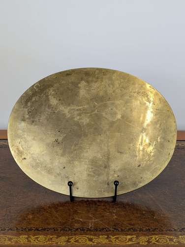 Chinese late 19th-century brass opium tray with engraved court scene