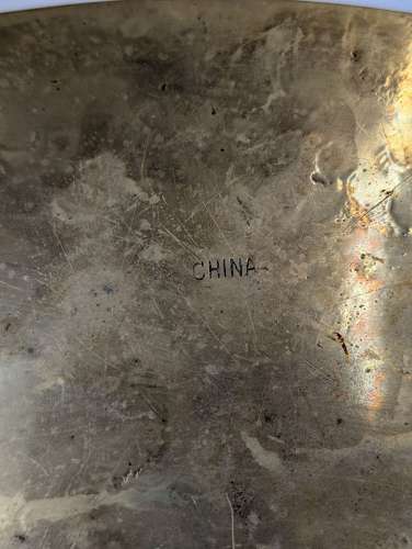 Chinese late 19th-century brass opium tray with engraved court scene