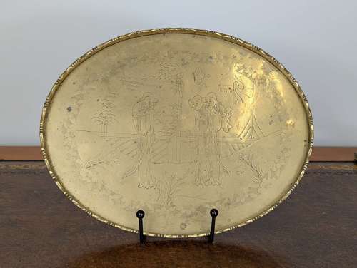 Chinese late 19th-century brass opium tray with engraved court scene