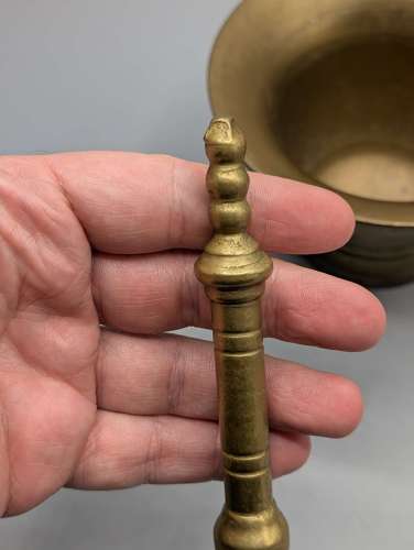 Solid brass pestle and mortar featuring, mid 19th century, Victorian