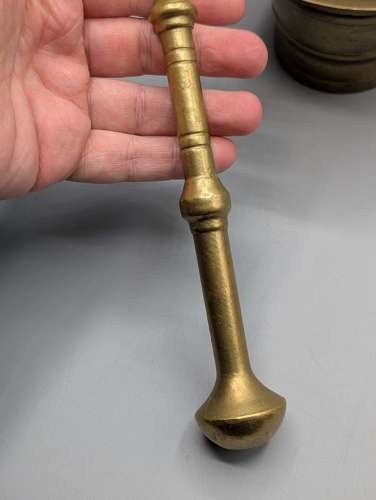 Solid brass pestle and mortar featuring, mid 19th century, Victorian