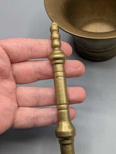 Solid brass pestle and mortar featuring, mid 19th century, Victorian