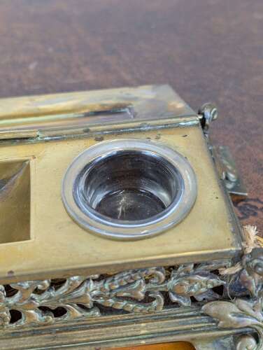 Late 19th-century cast brass inkwell with pierced sides & glass jars