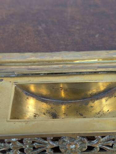Late 19th-century cast brass inkwell with pierced sides & glass jars