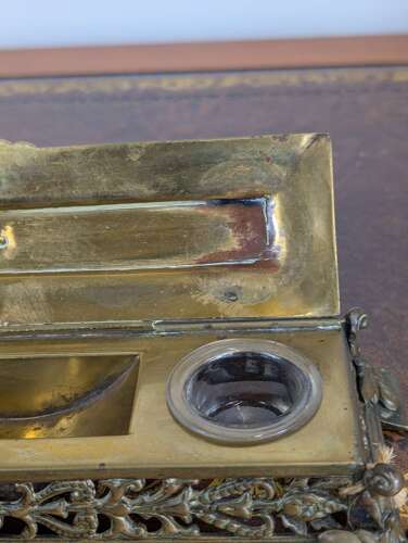 Late 19th-century cast brass inkwell with pierced sides & glass jars