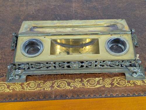 Late 19th-century cast brass inkwell with pierced sides & glass jars