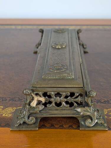 Late 19th-century cast brass inkwell with pierced sides & glass jars