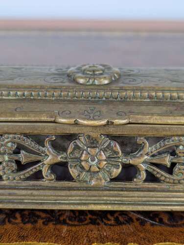 Late 19th-century cast brass inkwell with pierced sides & glass jars