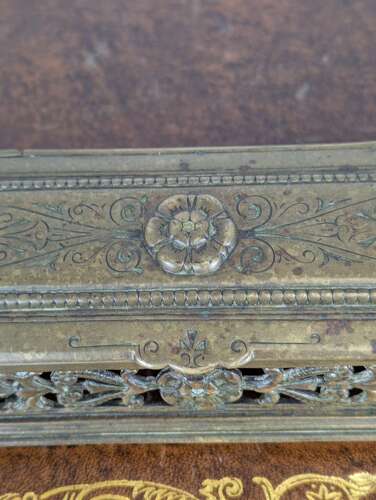 Late 19th-century cast brass inkwell with pierced sides & glass jars