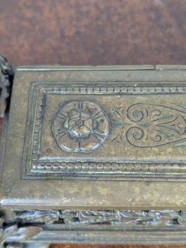 Late 19th-century cast brass inkwell with pierced sides & glass jars