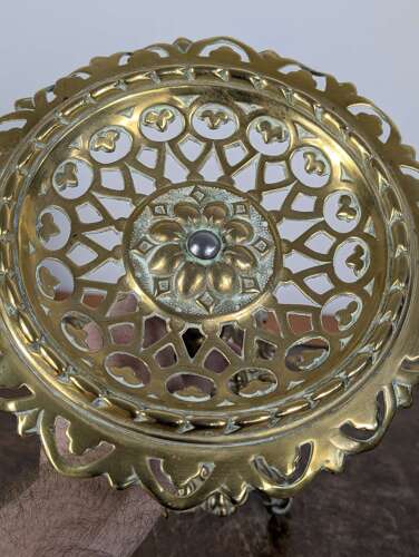 Victorian brass tazza with pierced dish and registration mark, England, late 19th century