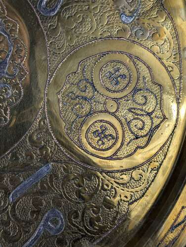 Middle East Mamluk Revival brass charger with Arabic calligraphy in silver & copper inlay
