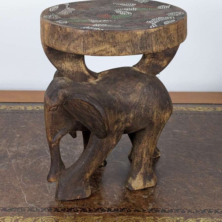 African carved wooden elephant stool with beaded seat, tribal animal side table from Kenya