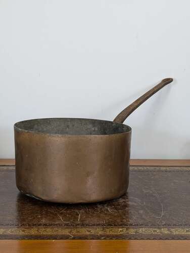 Large French copper saucepan with riveted iron handle, antique 19th century cookware
