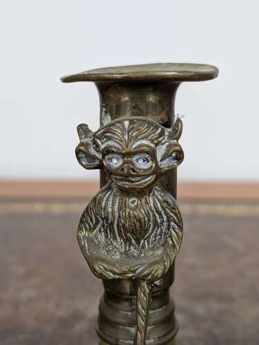 Rare pair Victorian brass Lincoln imp candlesticks in gothic revival style, 19th century