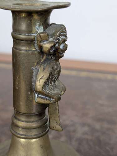 Rare pair Victorian brass Lincoln imp candlesticks in gothic revival style, 19th century