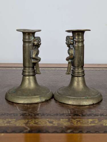 Rare pair Victorian brass Lincoln imp candlesticks in gothic revival style, 19th century