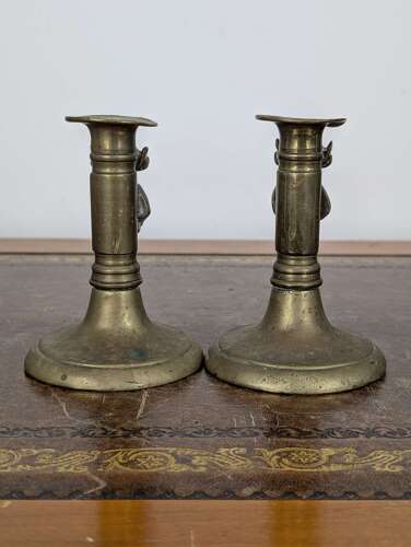 Rare pair Victorian brass Lincoln imp candlesticks in gothic revival style, 19th century