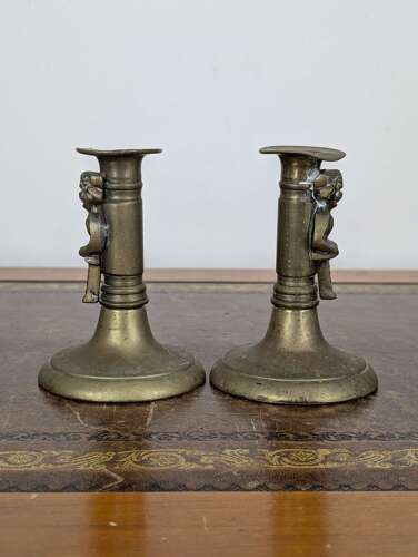 Rare pair Victorian brass Lincoln imp candlesticks in gothic revival style, 19th century