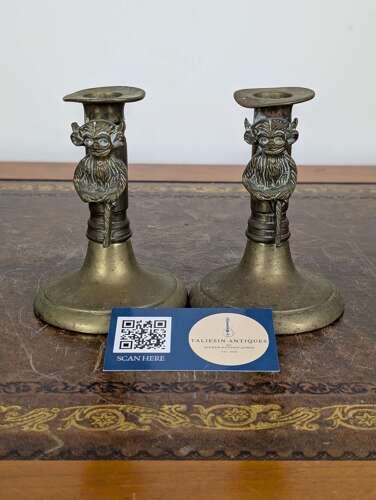 Rare pair Victorian brass Lincoln imp candlesticks in gothic revival style, 19th century
