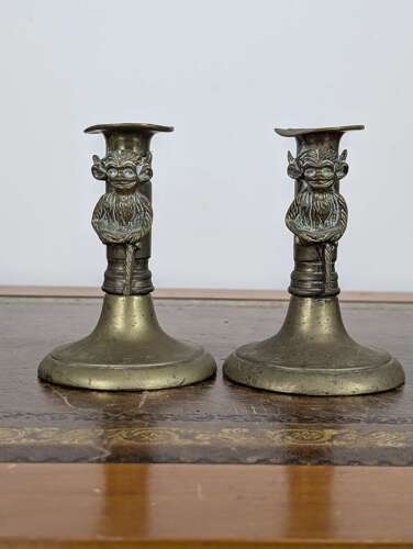 Rare pair Victorian brass Lincoln imp candlesticks in gothic revival style, 19th century