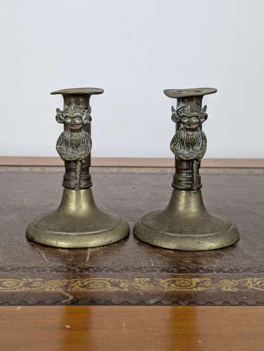 Rare pair Victorian brass Lincoln imp candlesticks in gothic revival style, 19th century
