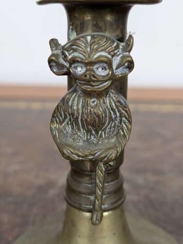 Rare pair Victorian brass Lincoln imp candlesticks in gothic revival style, 19th century