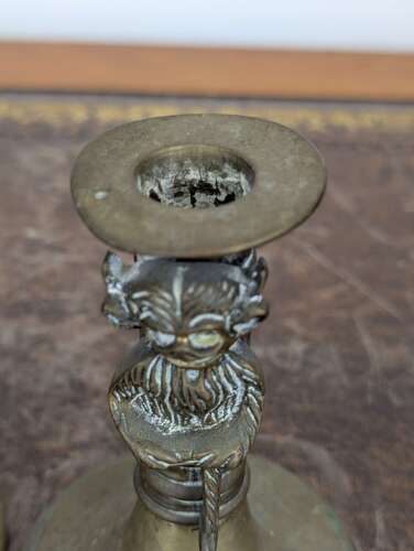 Rare pair Victorian brass Lincoln imp candlesticks in gothic revival style, 19th century