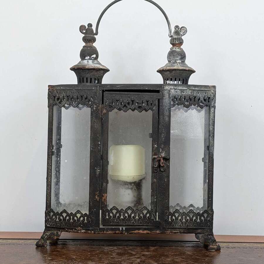 Victorian style cast iron triptych candle lantern with weathered patina