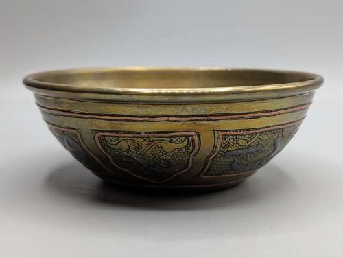 Mamluk Revival Cairoware brass bowl with silver and copper inlay, Egyptian, Antique