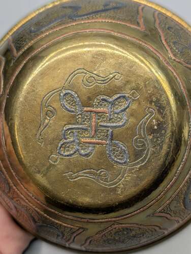 Mamluk Revival Cairoware brass bowl with silver and copper inlay, Egyptian, Antique