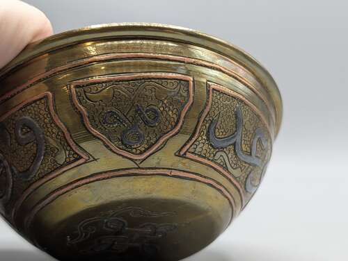 Mamluk Revival Cairoware brass bowl with silver and copper inlay, Egyptian, Antique