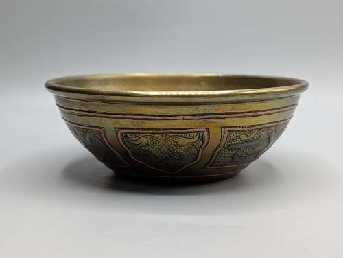 Mamluk Revival Cairoware brass bowl with silver and copper inlay, Egyptian, Antique