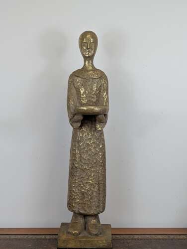 Tall Thai giltwood monk figure with offering bowl, modernist folk style, vintage carving