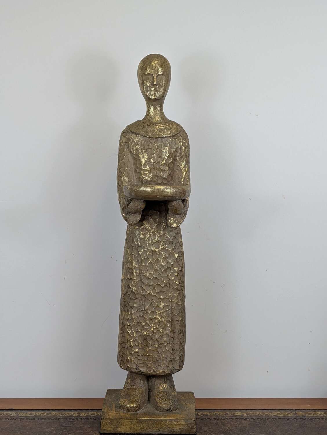 Tall Thai giltwood monk figure with offering bowl, modernist folk style, vintage carving