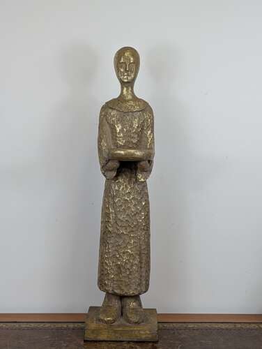 Tall Thai giltwood monk figure with offering bowl, modernist folk style, vintage carving