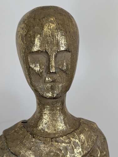 Tall Thai giltwood monk figure with offering bowl, modernist folk style, vintage carving