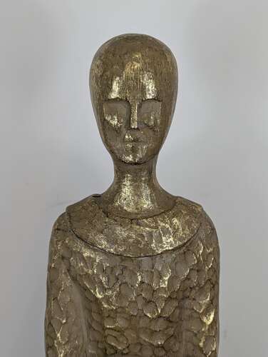 Tall Thai giltwood monk figure with offering bowl, modernist folk style, vintage carving