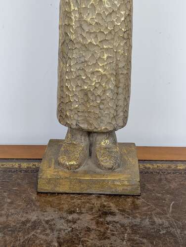 Tall Thai giltwood monk figure with offering bowl, modernist folk style, vintage carving