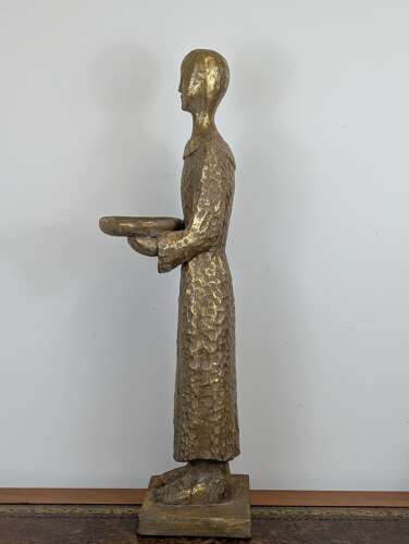 Tall Thai giltwood monk figure with offering bowl, modernist folk style, vintage carving