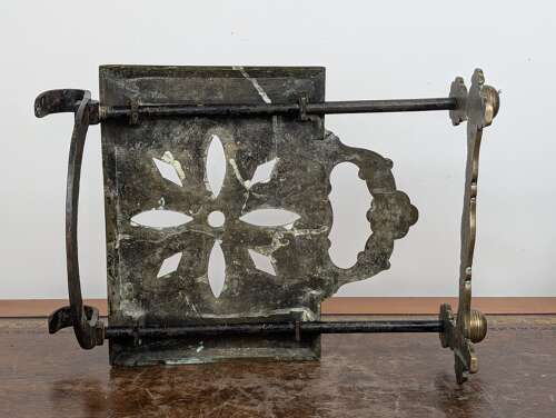 Antique brass fireside sliding trivet, hearth footman plate warmer, British, 19th century