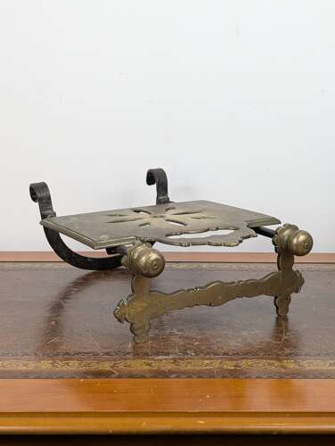 Antique brass fireside sliding trivet, hearth footman plate warmer, British, 19th century