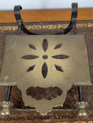 Antique brass fireside sliding trivet, hearth footman plate warmer, British, 19th century