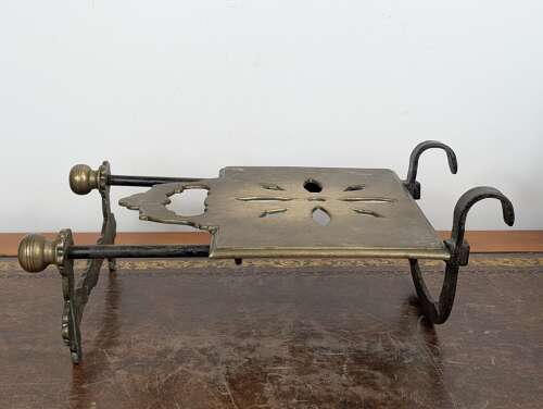 Antique brass fireside sliding trivet, hearth footman plate warmer, British, 19th century