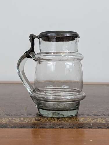 Victorian English half pint glass tankard with pewter hinged lid & snapped pontil, c. 1860