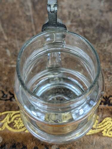 Victorian English half pint glass tankard with pewter hinged lid & snapped pontil, c. 1860